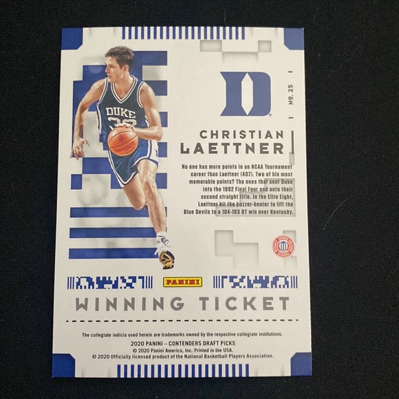 Christian Laettner- 2020 panini contenders draft picks #25 - Picture 2 of 2